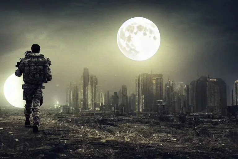 A high tech Soldier walking on the post apocalypse city, night , full moon , realistic , high resolution , HD , 1920pX1080p , dark