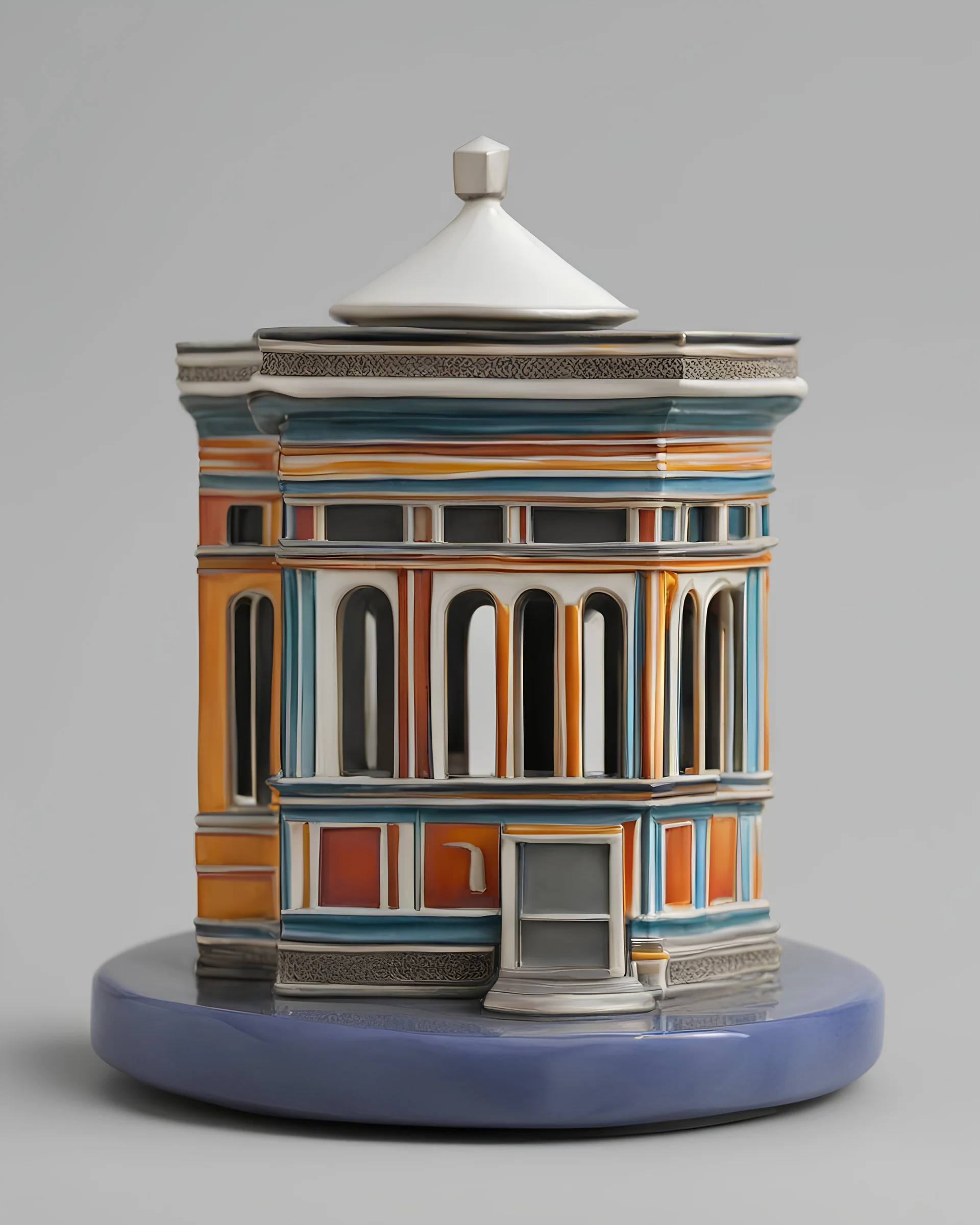 intricate porcelian figurine of the vacant street kiosk, circa 2000, 7cm height, solid, flat roof, one-story, one-room, silver mean composition, hyperdetailed, sophisticated, intricate details, contemporary urban art gallery, minimalism, product-focused, painted and glazed ceramics, inspired by Mark Rothko and Benetton