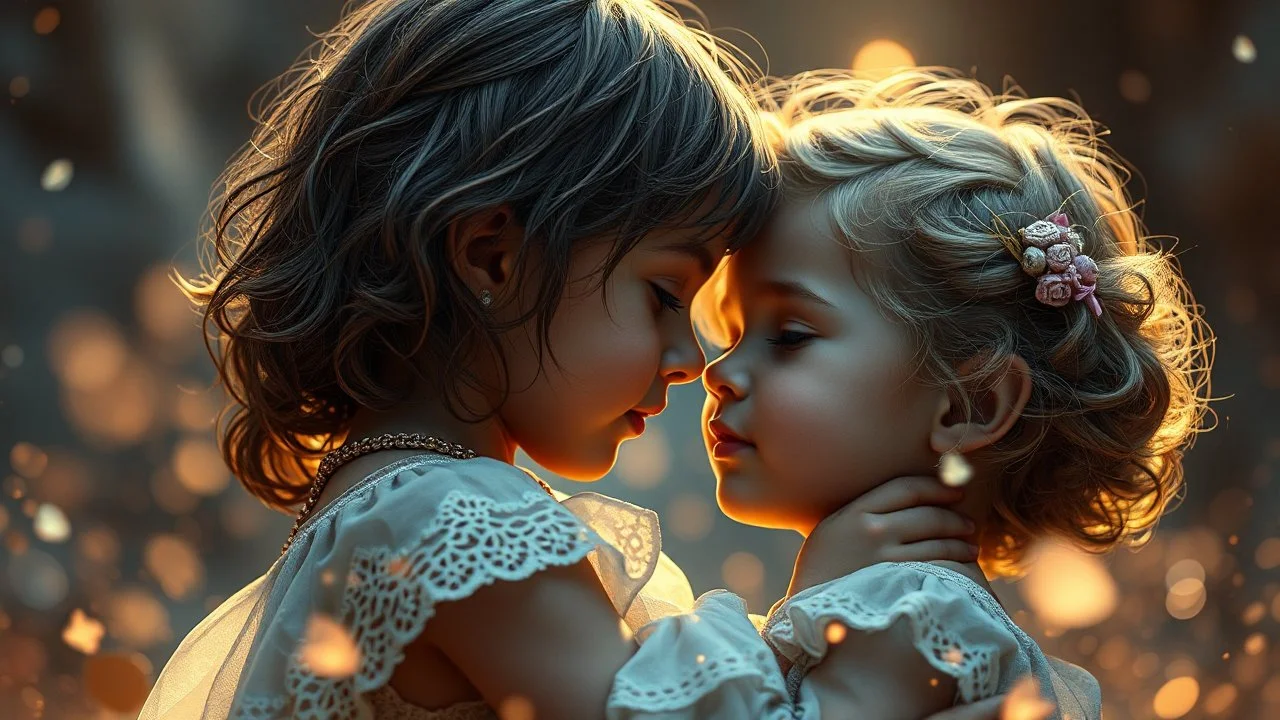 Beautiful "Brave New World", children, devotion, love, companionship, tenderness, exquisite composition, beauty, magic, fantasy, close foreground detail, beautiful intricate insanely detailed octane render, 16k artistic photography, photorealistic concept art, soft natural volumetric cinematic perfect light, chiaroscuro, award-winning photograph, masterpiece