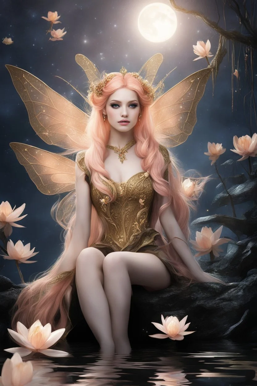 Peach hair , light peach hair, dark,night dark gold,gold,golden,rapunzel hair,dragonflies,water lilies, night,light,,butterflies,elven ears,dark fairy ,night sky,stars,princess,nymph,sparkle,glitter,orchids