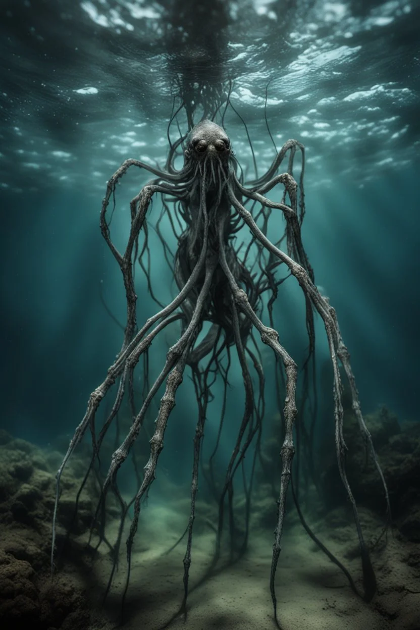 Underwater, legged slimy creature with creepy spindly legs, fullbody, his skin turned translucent revealing a network of black veins that extended like roots, ragged clothes, , 8k, macro photography,