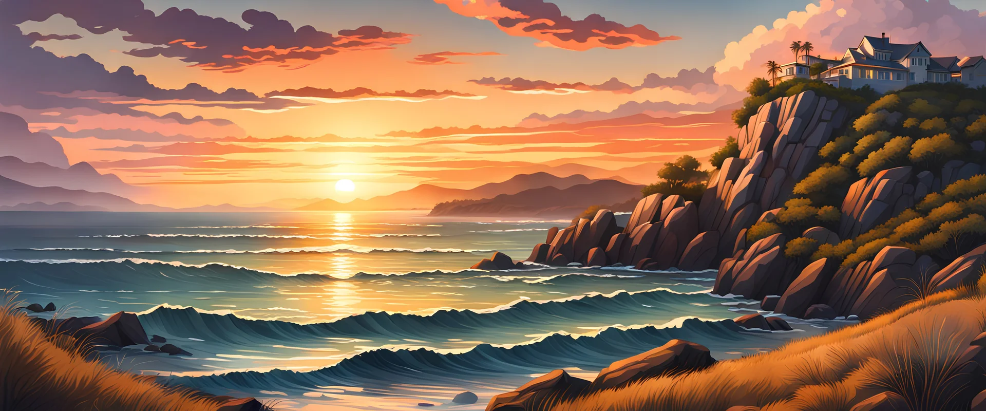 coastal, intricated details, sunset, hill background, realistic painting style, dramatic lighting