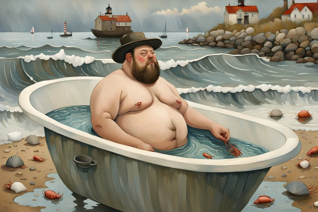 A fat man wearing a hat, is in a bath tub, by a light house, by andrea kowch, holding a umbrella, inspired by andrew wyeth. A rustic harbour, with ships docked is nearby. The Beach is covered with sea shells, crabs and lobsters.There are rain clouds and everything looks as if done in watercolors victo ngai, matisse, monet, catrin welz-stein, vladi