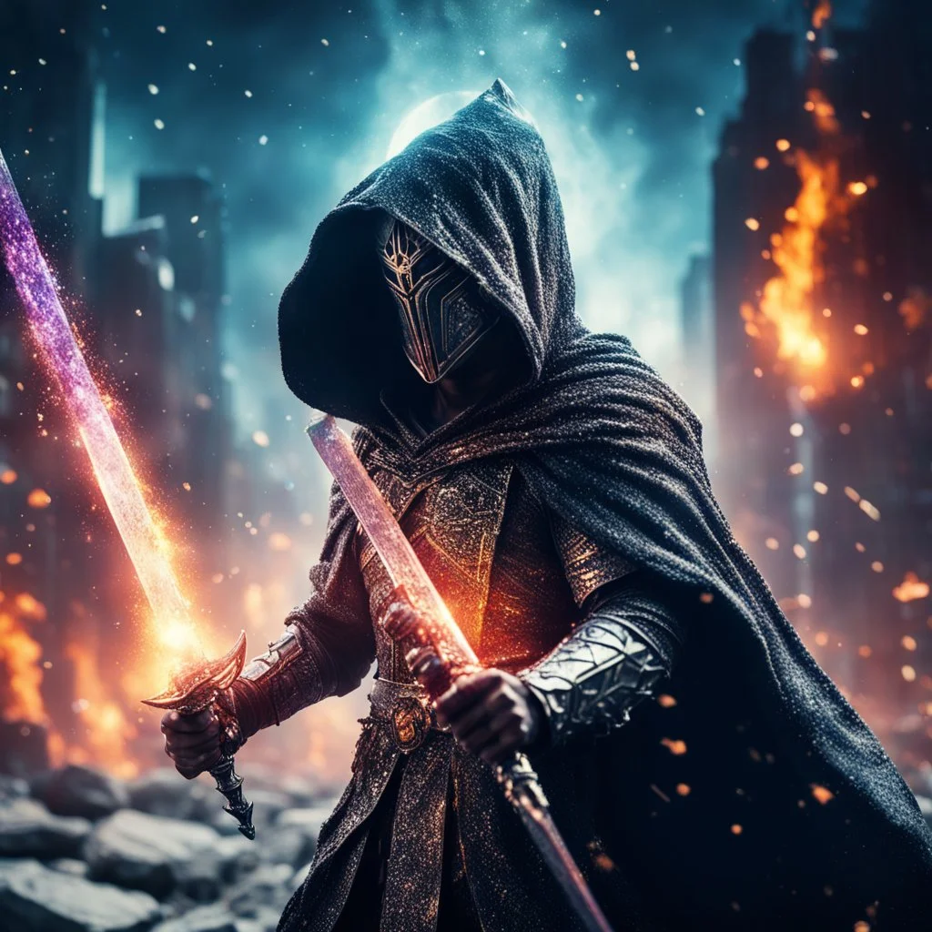 hooded marble knight casting spells with sword, covered with glowing crystals, fire particles in air, destroyed city in background, night, bright colors, glowing sparkle particles, dark tone, sharp focus, high contrast, 8k, incredible depth, depth of field, dramatic lighting, beautifully intricate details, clean environment, epic dynamic scene