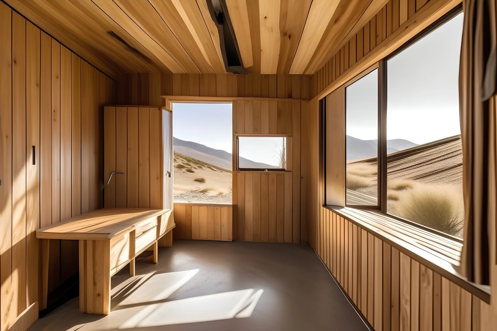 modern wood building in atacama desert, healthy dumpster, inside view