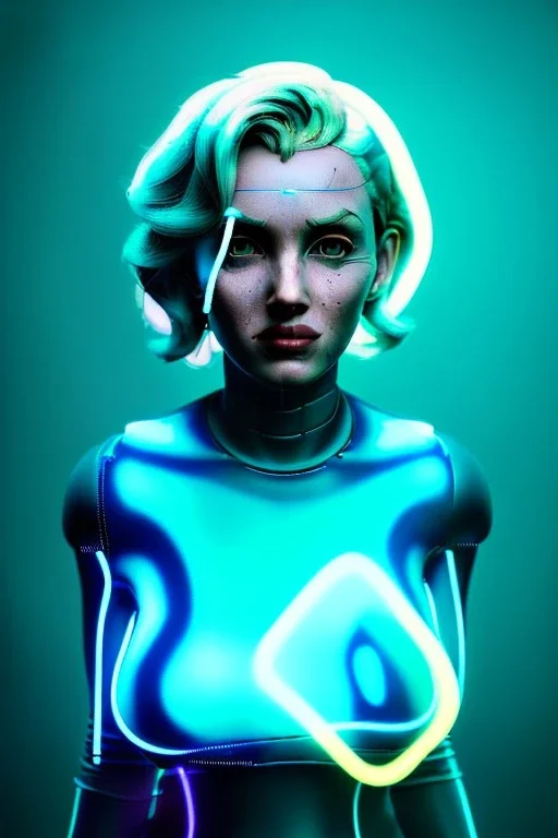 Ultra Realistic image, portrait, blonde woman, Marylin Monroe face, perfect iris, glow eyes, glow makeup. Cyborg, Cyberpunk, ghost in the shell style, oversized tight latex dress. fog, rain, soft color, highly detailed, unreal engine 5, ray tracing, RTX, lumen lighting, ultra detail, volumetric lighting, 3d, finely drawn, high definition, high resolution.