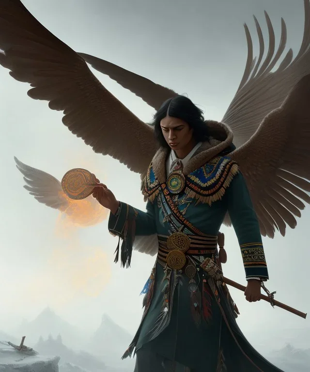 shaman, male native american, long black hair, black hooded coat like wings, 8k resolution concept art portrait by Greg Rutkowski