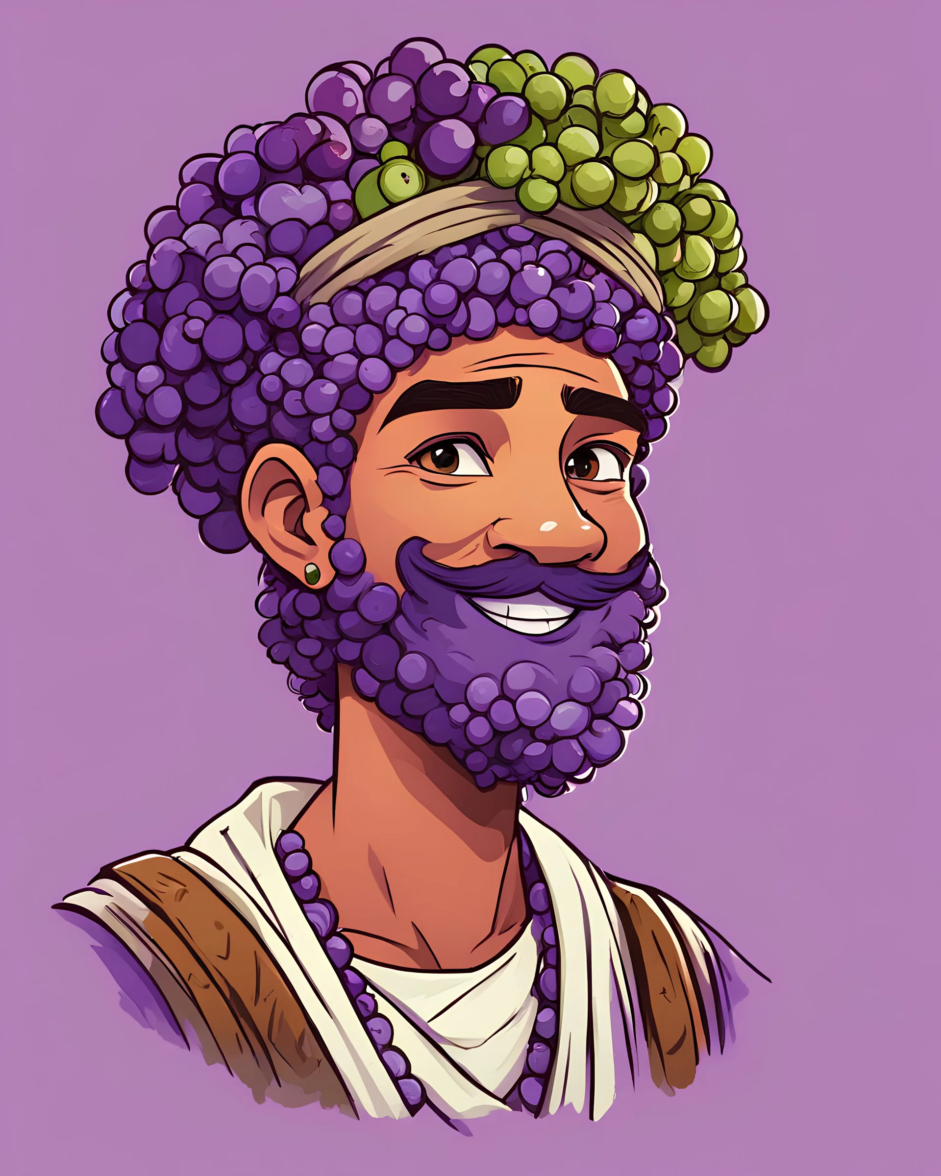 A -man With a very light beard.A face closest to the triangle . Grape fruit turns into a man. Purple skin and curly, purple hair made of grape balls. A Mali headband with hair on top. Villager clothing. Merchant clothing. Plain clothes in earthy colours.Simple cartoon drawing..Cheerful and imprudent features, a worried look, and a foolish laugh.The complexion of the skin is light violet