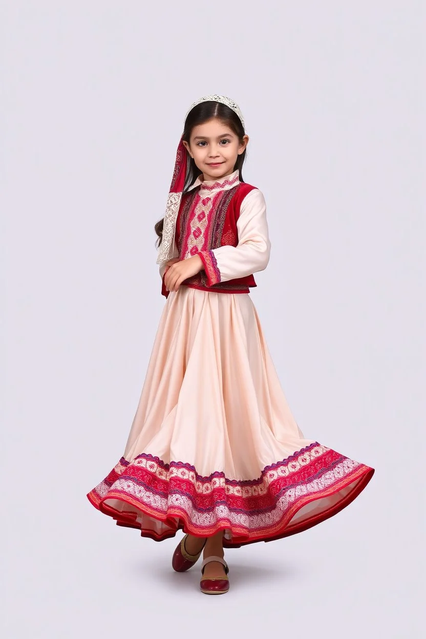 simple background, full body of very pretty little girl in azeri dance wearing A long underdress or shirt, often made of silk,A fitted, often velvet or brocade, jacket worn over the shirt.Wide, bell-shaped skirts are worn, often long and layered to create beautiful movements while dancing, with a long lace scarf at back of her head,in relax pose in front of camera