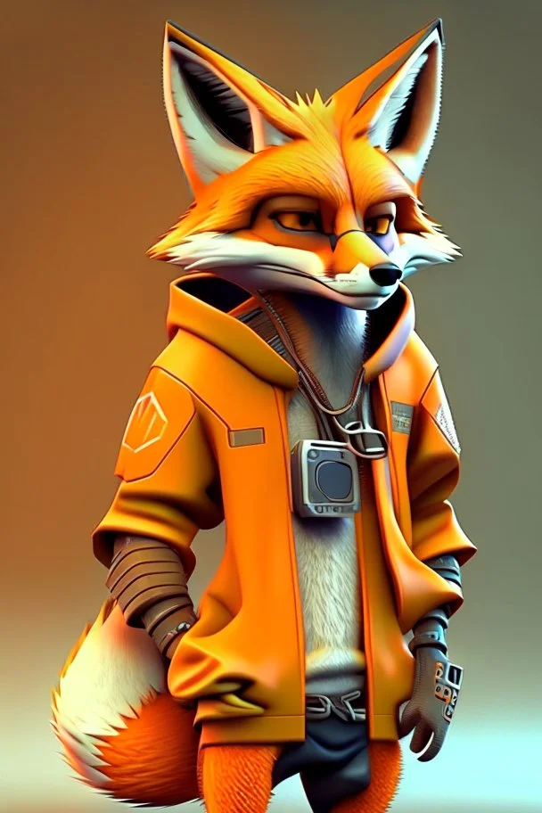 Fox character dressed in tech clothing in orange, in 3D realistic