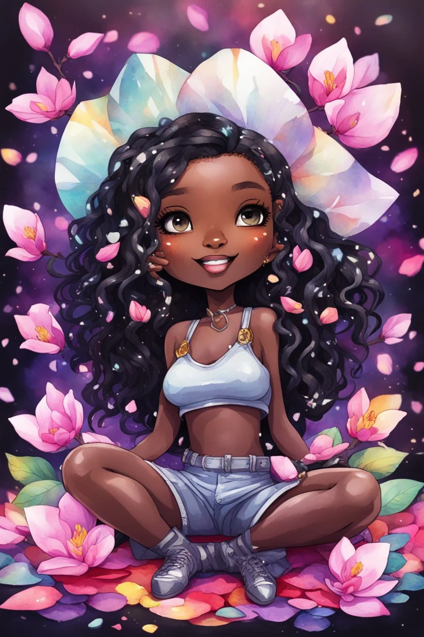 A sassy futurism watercolor colorful art cartoon black chibi girl lounging lazily on her side, surrounded by colorful magnolia flower petals. Looking up coyly, she grins widely, showing her platinum and diamond cap teeth. Highly detailed black shiny dread locs , regal expression.