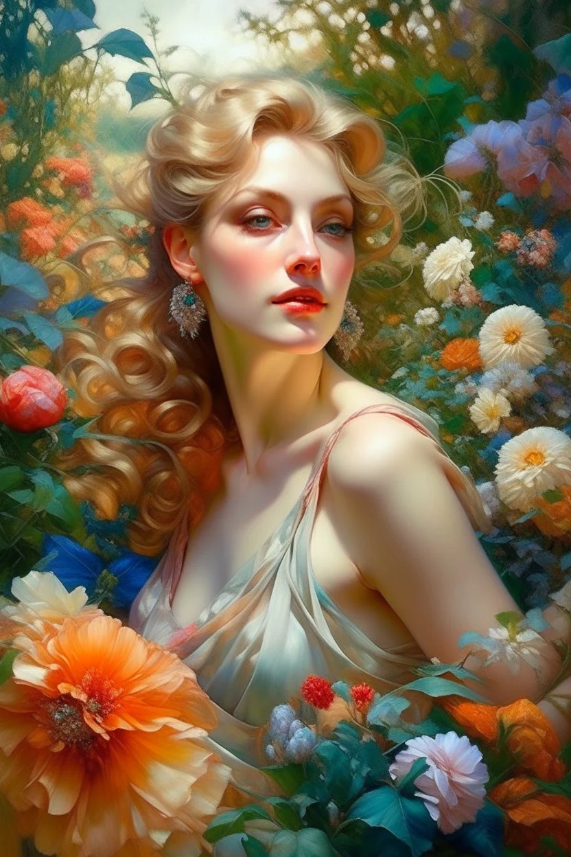 A very beautiful woman in the garden? unusual flowers, very cute, smooth, active sequins, elegant fantasy, intricate, 8k, oil on canvas, beautiful, high detail, fantastic view, hyperrealistic, over-detailed, clear quality, colorful, artgerm, Alphonse Mucha, Catherine Abel. Catherine Welz Stein. Dmitry Vishnevsky. Gustav Klimt, R. Giger. Jacek Yerka. Josephine Wall, Carrie Ann Baade