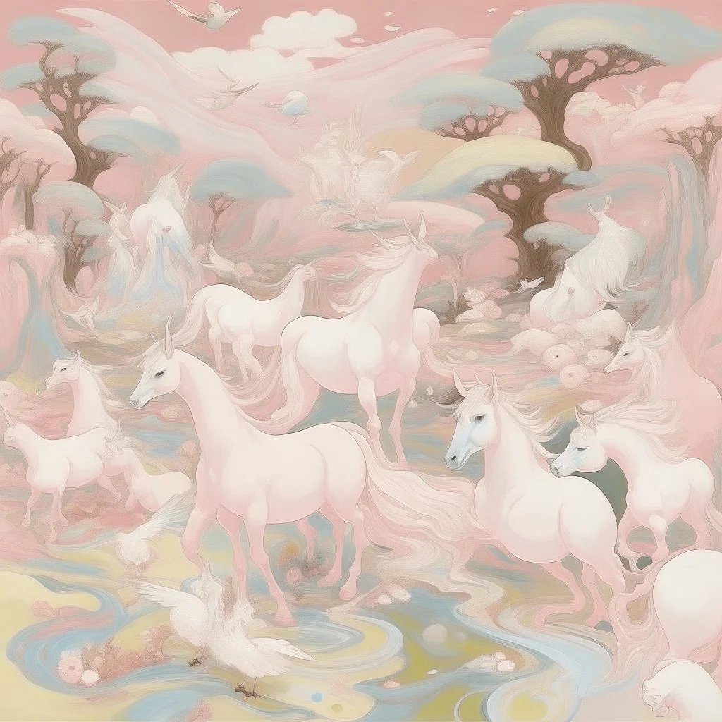 A pale pink magical realm filled with winged unicorns painted by Vincent van Gogh