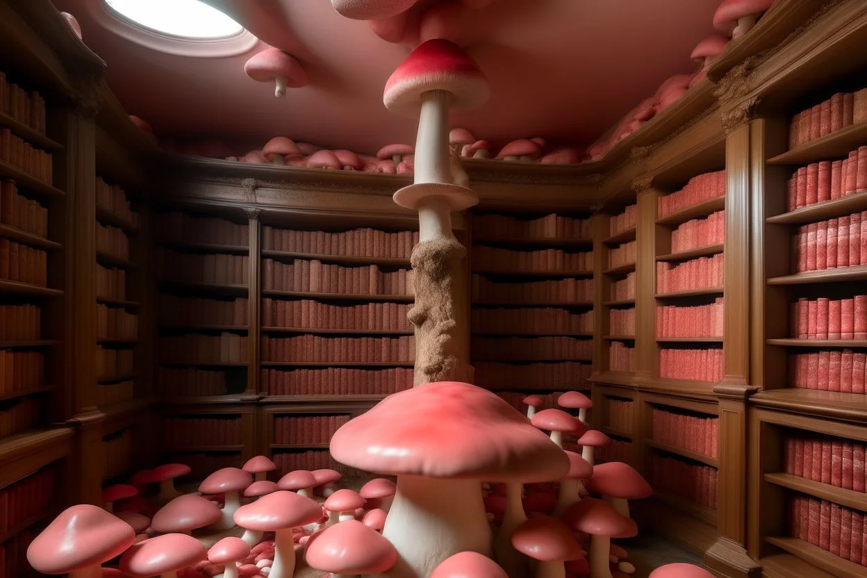 A library covered in pink mushrooms painted by Michelangelo Simoni