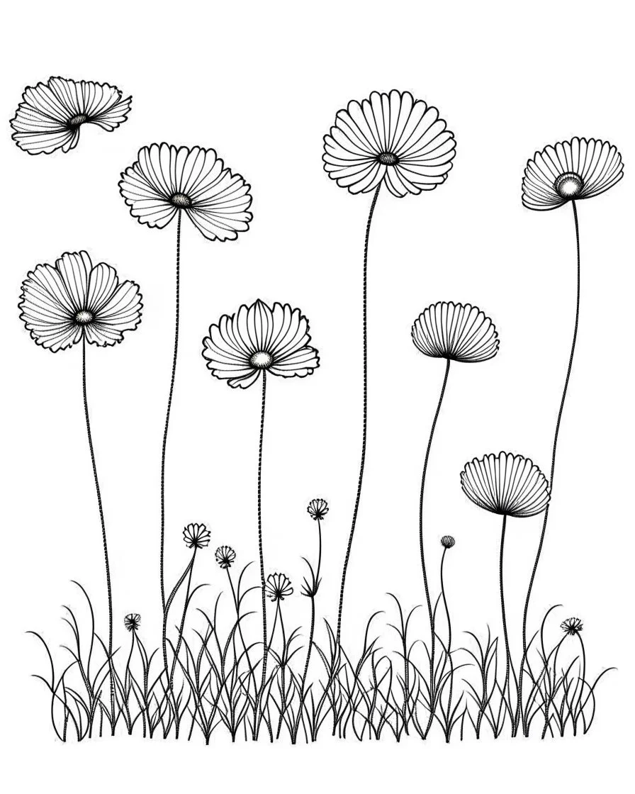 set of growing wind flower on the grace on ground, ONE lineS art, white background, minimalis, different view, only white bakcground solid.black ink