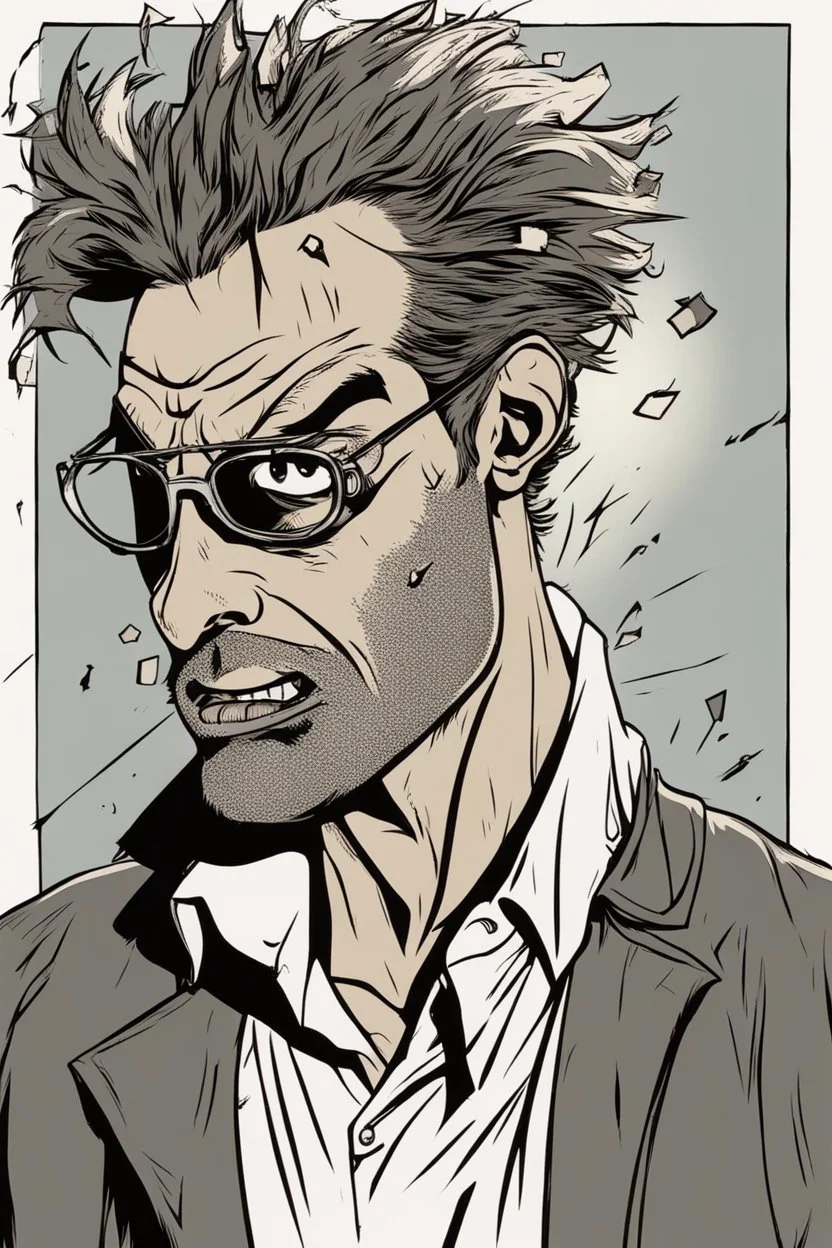 sarcastic deranged man with messy hair and stubble comic book style