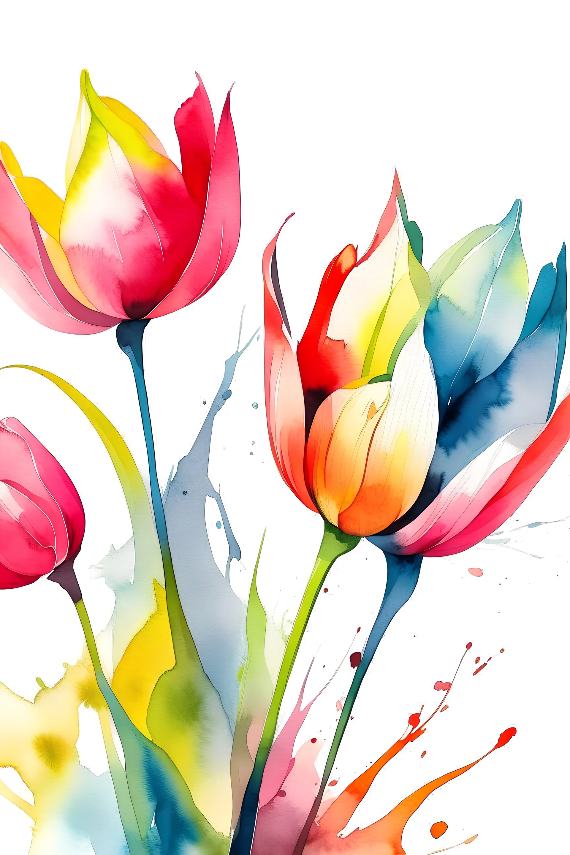 Tulip flowers, depth, water color splotches, negative space , no outlines, no lines , white background, reverse coloring book