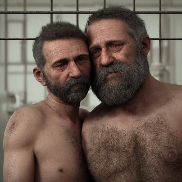 extreme close up photo of two italian prisoners in tank top 40 years old kissing in prison behind bars, chubby, dirty, ugly, bullneck, muscular, short beard, long hairs, manly chest, misery and poverty, emotive eyes, photo 35mm lens, side view, photorealistic, ultradetailed