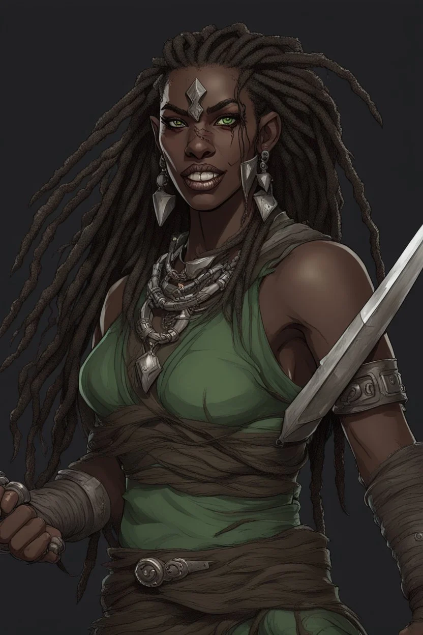 dungeons and dragons character portrait of a beast human female warrior with black skin, dreadlocks, thick eyebrows, big fangs and green eyes.