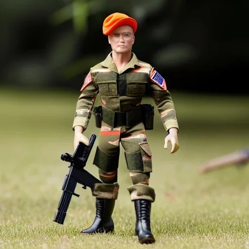 G.i. Joe toy camouflage khaki doll Donald Trump orange face with boots full body in package high resolution 2019, in a box with gun, in jungle