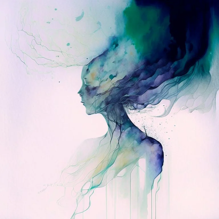 A watercolour painting, An artwork where the person's body appears to dissolve into the surrounding environment of their dreams. As they lose themselves in their imagination, their physical form begins to fade, representing the challenge of maintaining a clear sense of self amidst the immersive world of their mind.