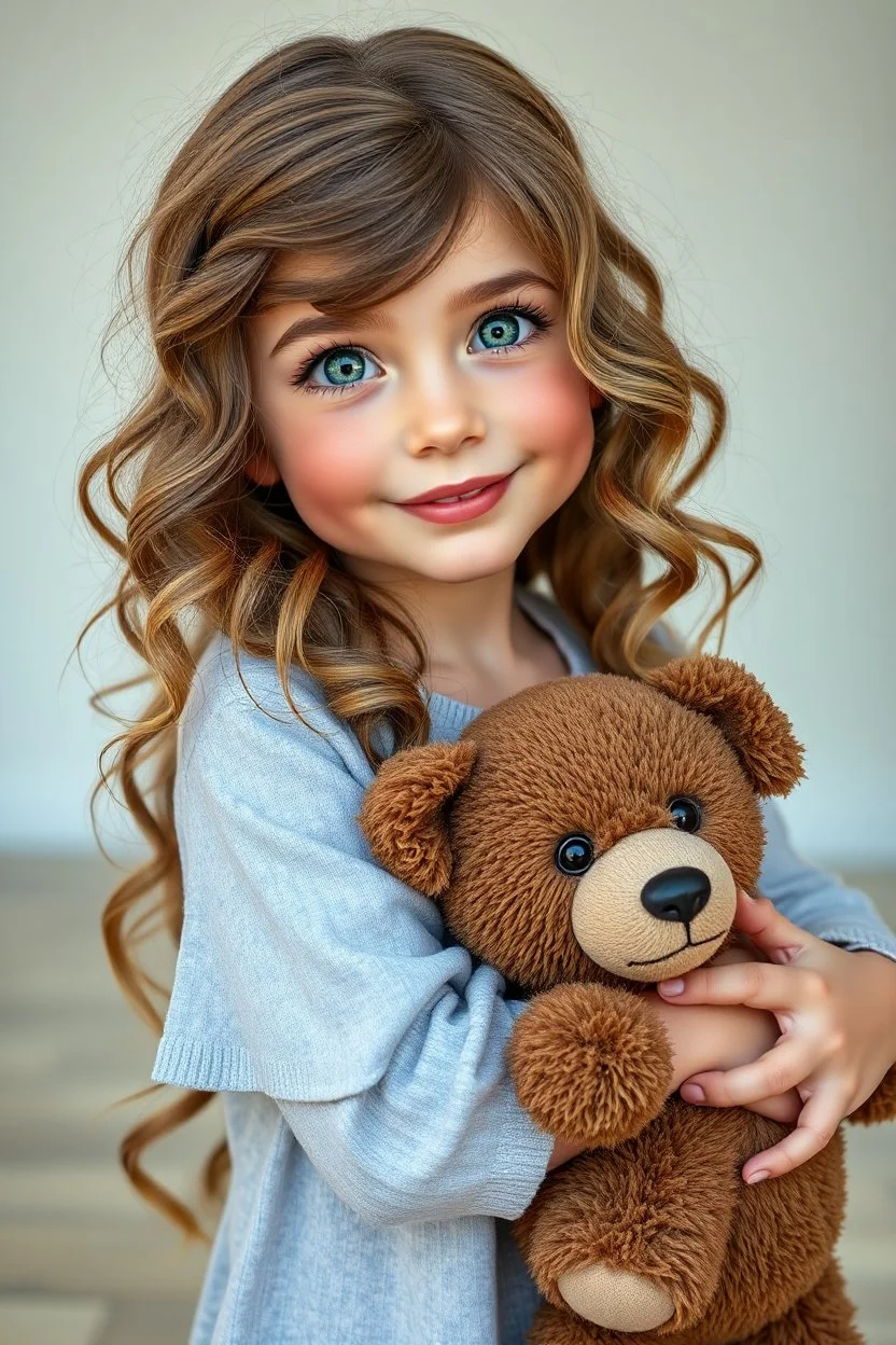 hiper realistic 4-5 year old cute beauty girl With beach wavy dimensional melange hair. With deep real smiling green eyes and brow long hair. Holding a big brown bear-toy. Near her to stay very cutte puppy