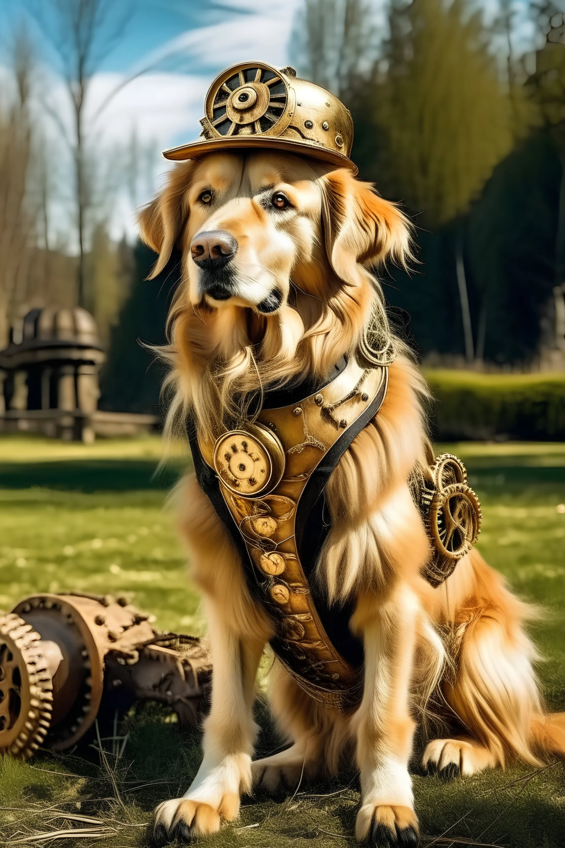 chien steampunk dans un parc jeune golden retriver