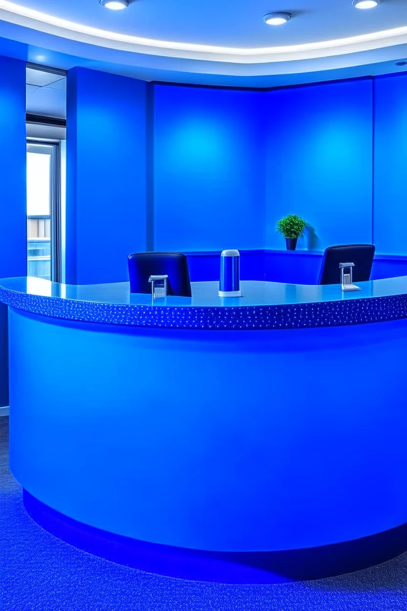 A circular blue reception desk with three chairs