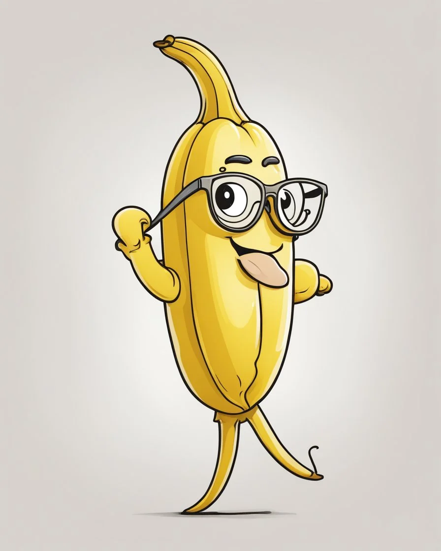 cute line drawing of a funny yellow banana character wearing glasses on a white background.