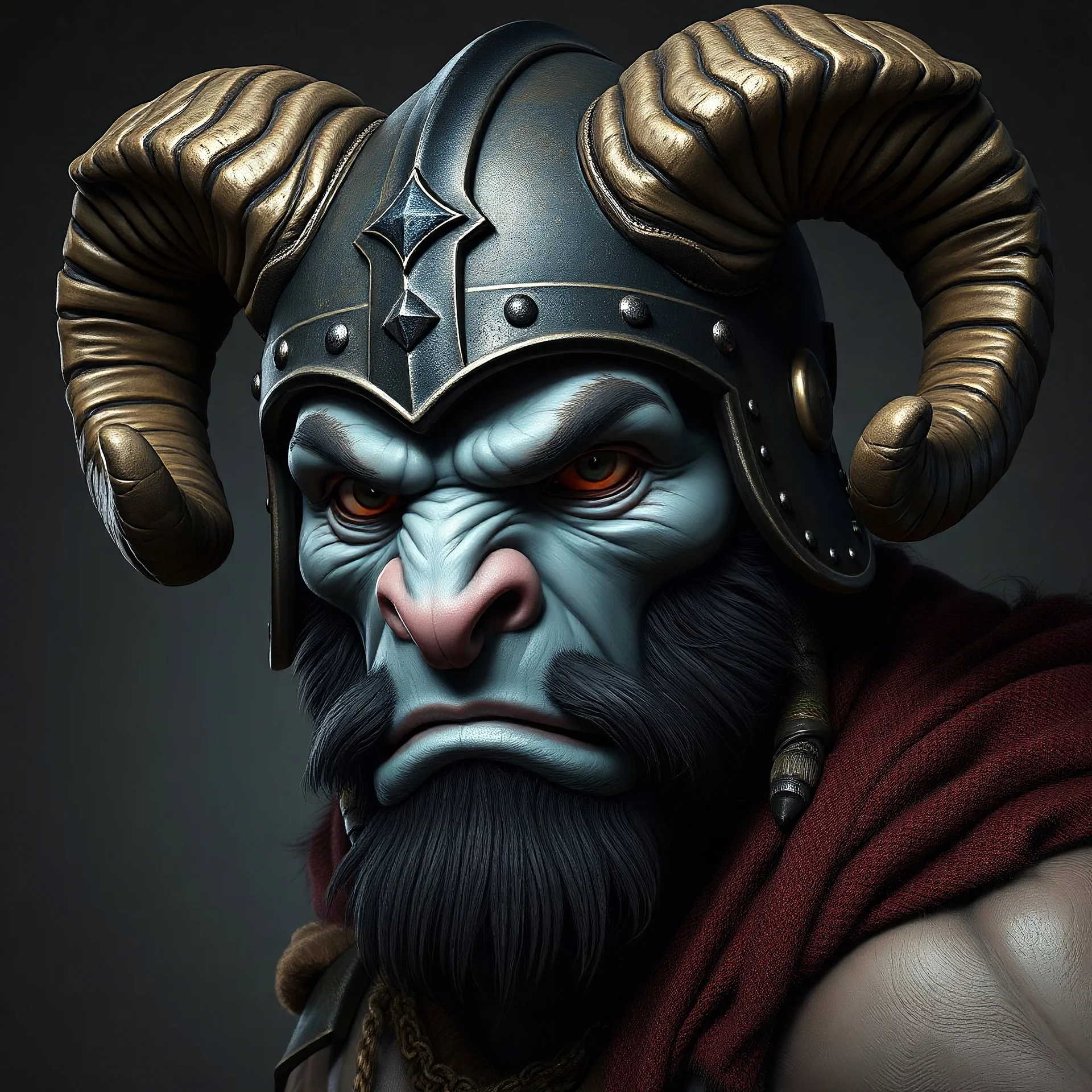 Photorealistic character portrait: fierce barbarian with grey skin, pink nose, wearing a helmet with large, curling, BLACK ram's horns