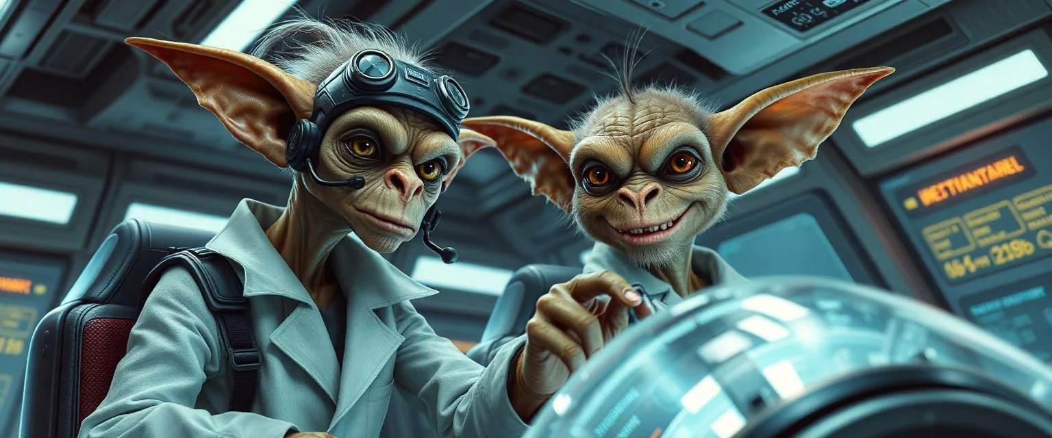 portrait of researcher slender alien rich troll gnoll hill billy fluffy captain pilot focus controlling flight stick in deep action, gremlin cyber punk with two crew members, in sci fi air ship waiting hall, in future dynasty