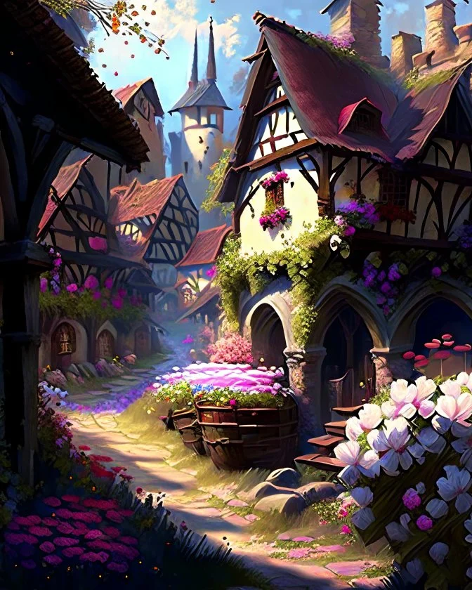 medieval fantasy village with flowers rpg art painterly