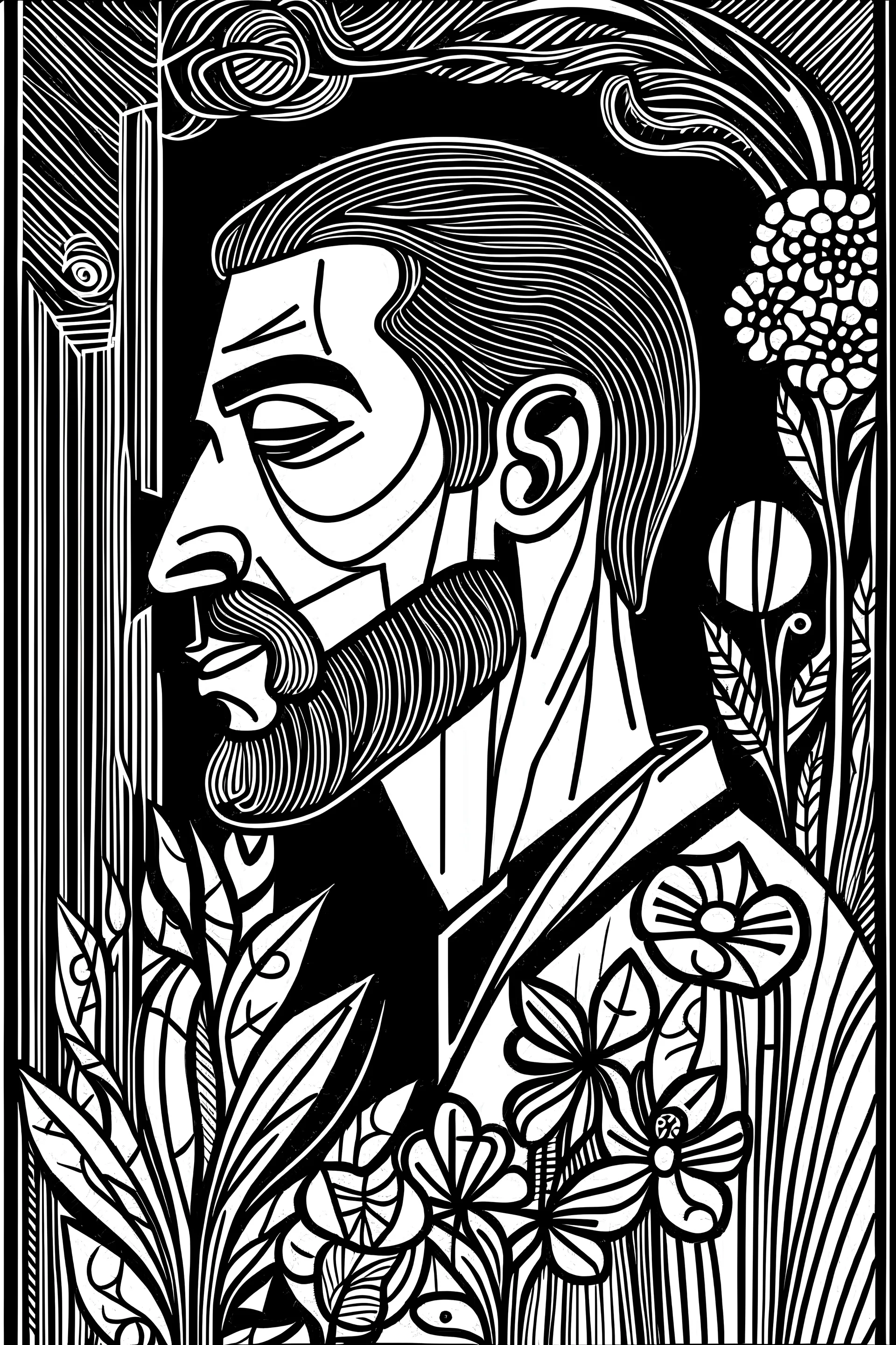 a black and white drawing of a man with a short beard smelling flowers, a cubist painting, cubism, angular, picasso, shading