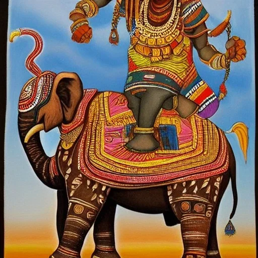 african tribal gods riding an indian elephant painting