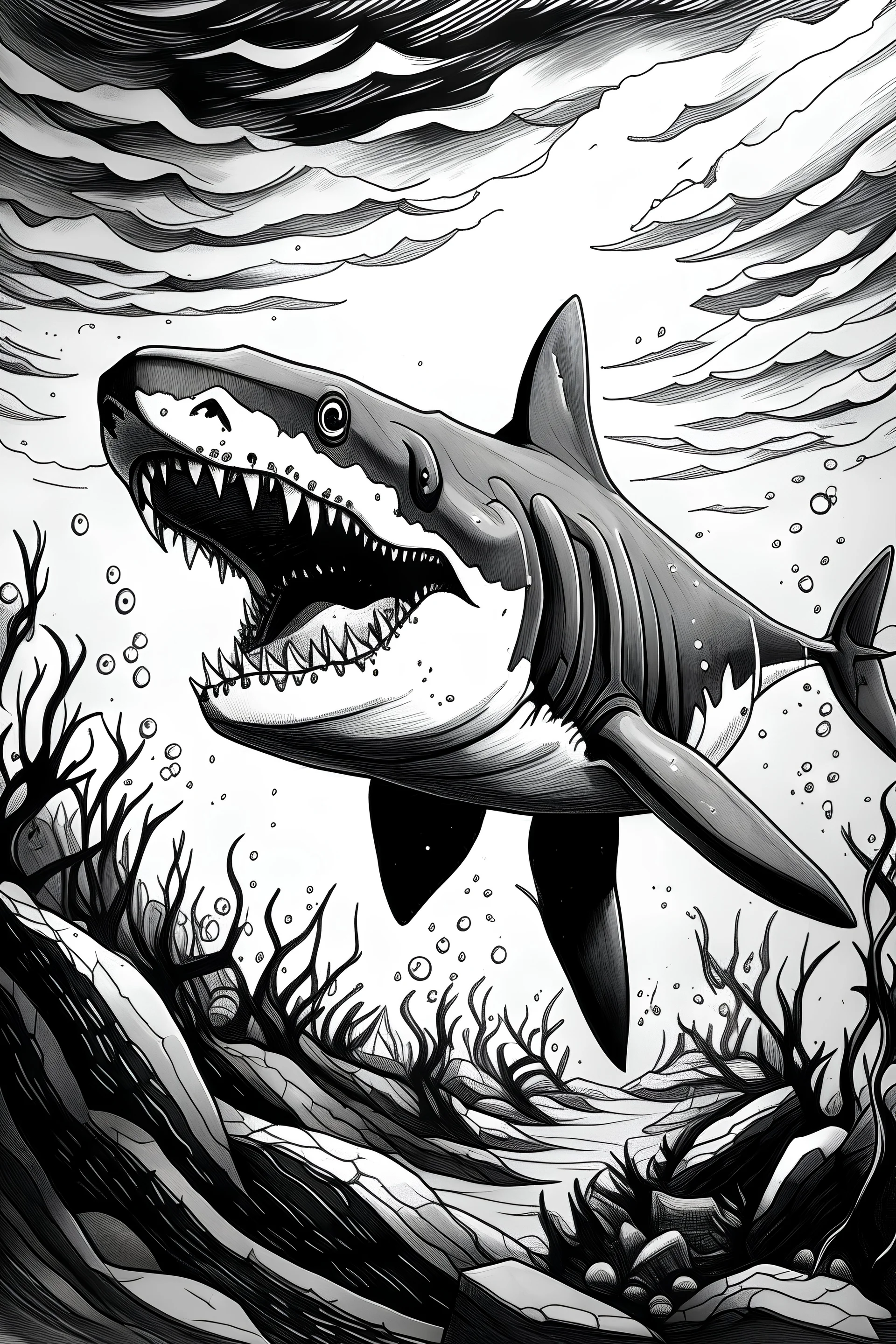 In an art naive style but realistic painterly black and white ink creation do me a shark