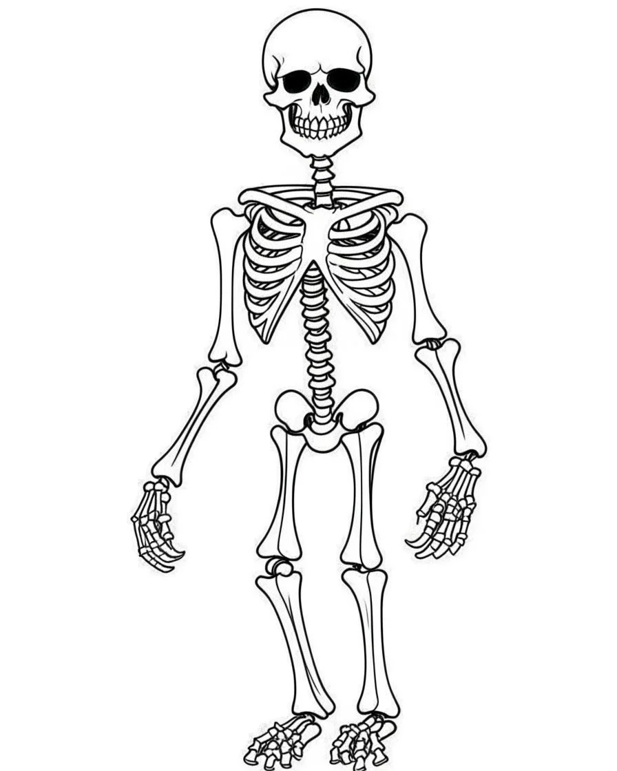 outline art for halloween coloring pages for kids with cartoon cute skeleton , white background, Sketch style, full body, only use outline, clean line art, white background, no shadows and clear and well outlined, coloring page for kids,