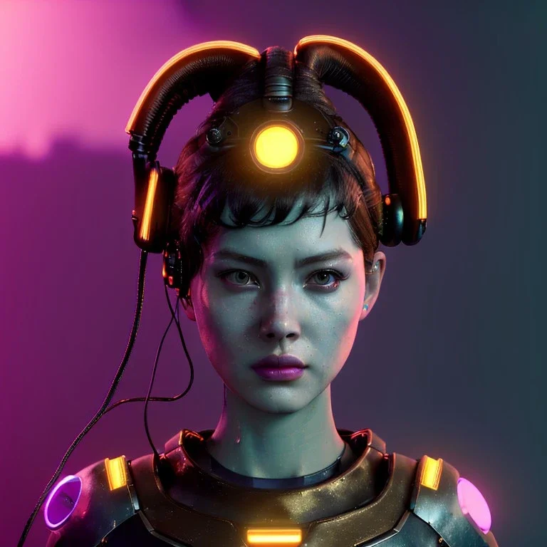 Pretty cyber woman, short hair, sci-fi, rounded face, black, gold, brown, samurai style, retro, simetric, neon style, a lot of led lights, fog, rain, leather, vibrant color, highly detailed, art stations, concept art, smooth, unreal engine 5, god rays, ray tracing, RTX, lumen lighting, ultra detail, volumetric lighting, 3d, finely drawn, high definition, high resolution.