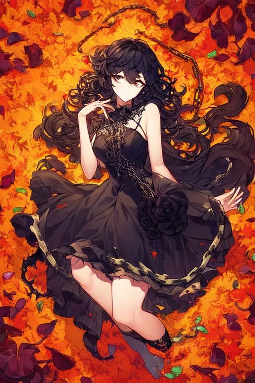 abstract creation of a beautiful girl with black curly hair, surrounded by black roses, thick metal chain broken, glass petals on the ground, autumn colours,dried out thorn bush, chaos,