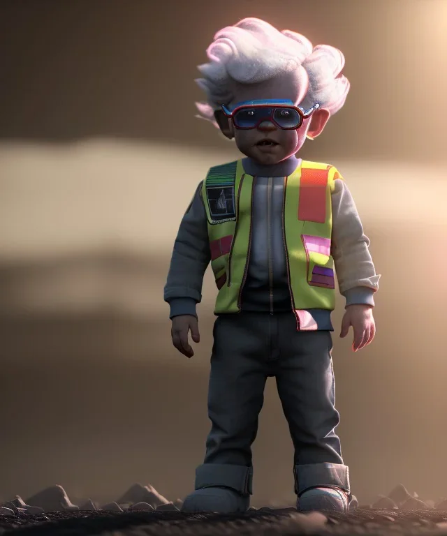 Emmet brown toddler, full body, delorean, dramatic lighting, hyper realistic