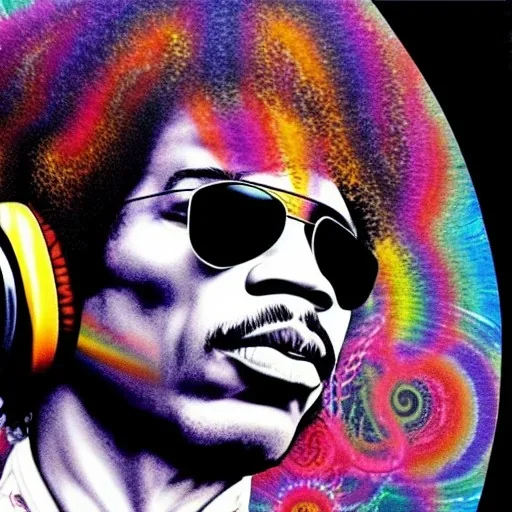 a realistic picture of Jimi Hendrix at a turntable with headphones on being a DJ, vivid color, with sunglasses, psychedelic trippy art