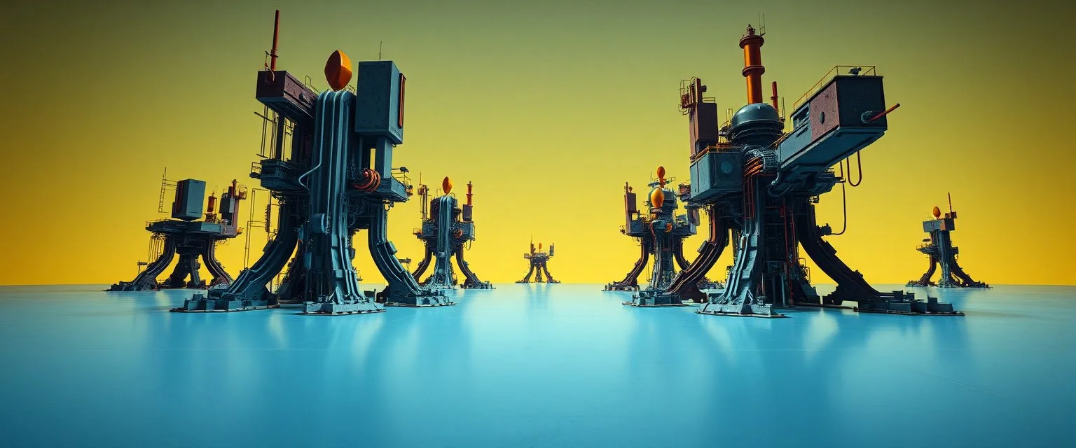 Fotografia di una superficie piatta di colore azzurro chiaro e giallo pastello, su cui si ergono enormi surreali strutture di forma astratta e surreale, di metallo, di colori vari, forti contrasti. Buio. odd style. Strong 3d deep field. Oscurità, paranoic, obsessive, homologic, phobic, nightmare, notte, glossy, hasselblad h6d400c --ar 85:128 --v 6.