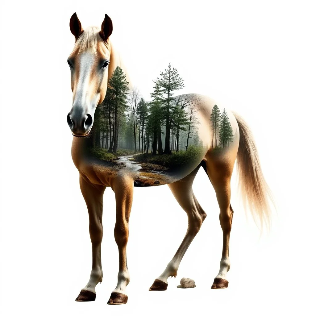 Artistic double exposure digital illustration featuring a Palomino horse with a forest scene inside its silhouette. The horse stands against a clean white background, with detailed trees, a river, and other forest elements visible within its form. no brush marks, realistic maximalist oil painting style, ultra quality