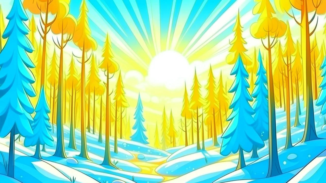 fantasy cartoon: sunny sky over the winter forest