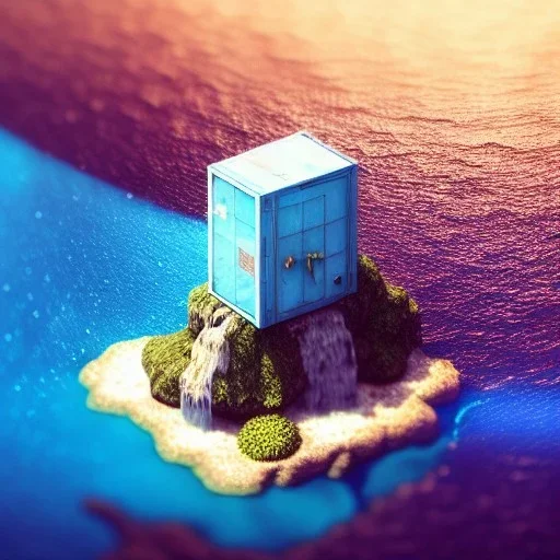 The Isometric Glass Tall Box Mini Model Little Real Island Mixed Water Fall Under Ocean Sunshine Summer Background Blue Sea, The Last Of Us / Avatar, Octane Render / ZBrush, Cinematic, IMAX Film, Nikon D750, 16K, Autostereoscopy, Anthropomorphic, Golden Ratio, Geometry, Symmetric, Depth Of Field, Highly Detailed, Ultra Realistic, Beautiful Lighting, Halfrear Lighting, Soft Light, Candoluminescence, Cast Shadow, Reflective, Glow, Translucent, Normal Map, Carbonated --testp