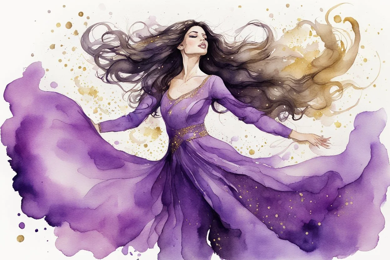 Dynamically dancing long haired brunette woman, in lilac, watercolor and ink, golden glitters