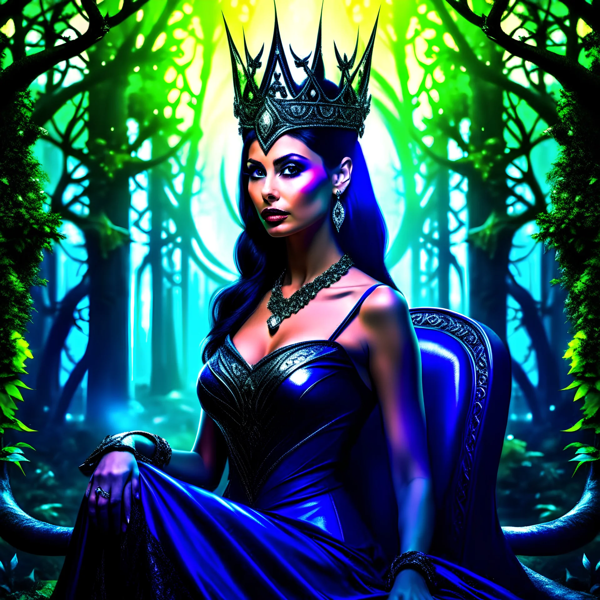 Morena Baccarin as a beautiful sexy dark elf queen seated elegantly on a throne in a mystical forest, dark celtic vignette frame, photo-realistic, cinematic lighting, award-winning photography