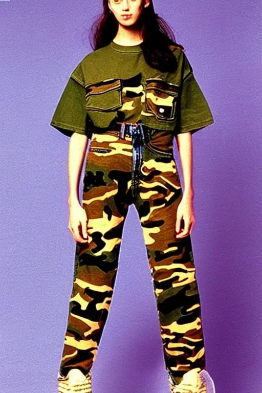 year 1996 denim fashion. Loose fit, "combat pants" with low waist, baggy, Combat pants and t-shirt. Colors: denim blue, blue, purple, khaki, light green, lilac, plum, orange, terracotta, red, pink, dark blue, beige. Women models. Patterns: Something between camouflage and lynx prints, stripes.Something between camouflage and lynx fur pattern prints.Jennifer Lopez, Gwyneth Paltrow, . Big tennis shoes on. Cargo pants. street vs. grunge