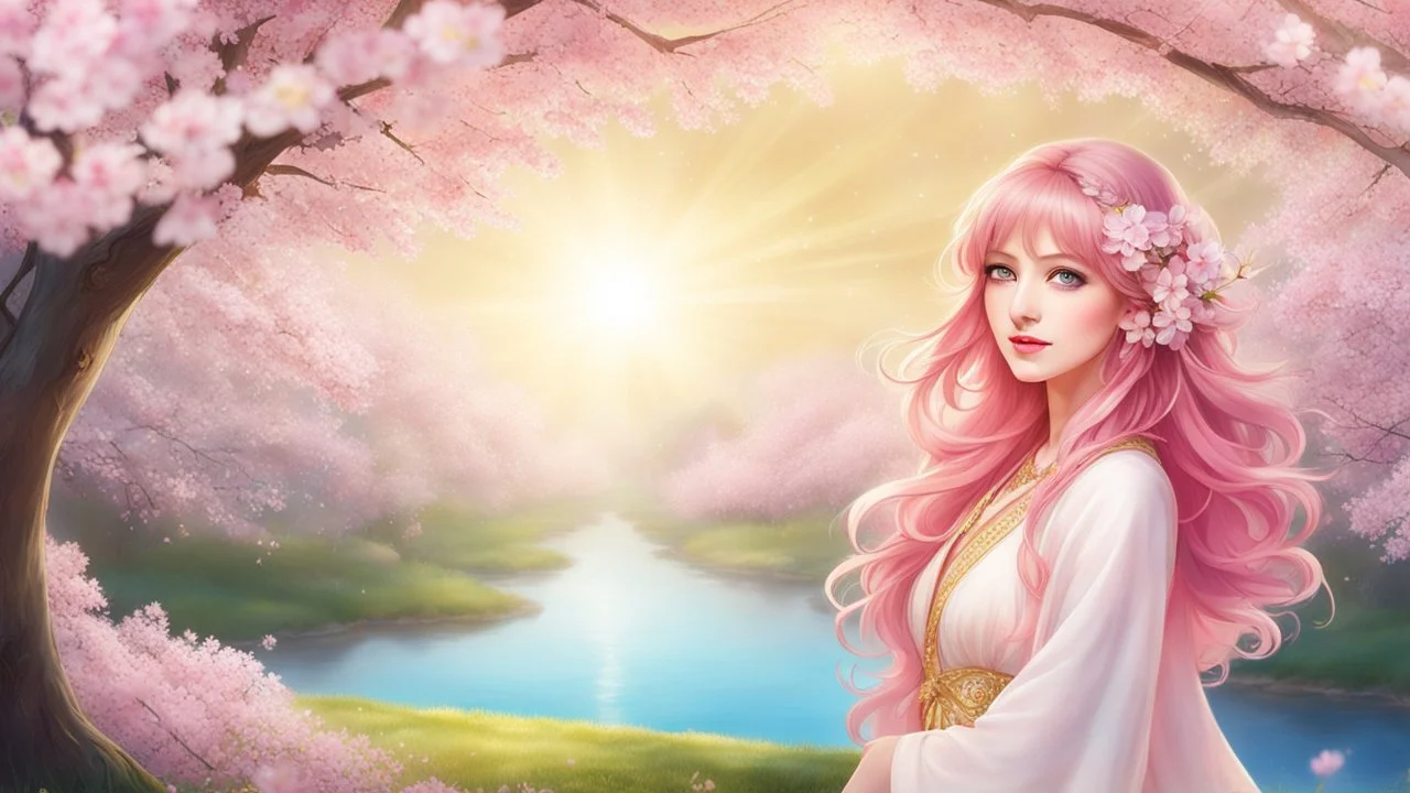 ((best quality)),((masterpiece)),ultra detailed background ((Cherry Blossoms)),(30 years old Sweedish gorgeous smiling woman), medium breast,wearing flowing dress, golden blue flowing hair glamour,(blue eyes),beautiful face,((white mists:1.4)),(pink dust:1.2),mysterious,mysteries of galactic universe,yellow lightnings,volumetric lightnings,dark and blurry background,