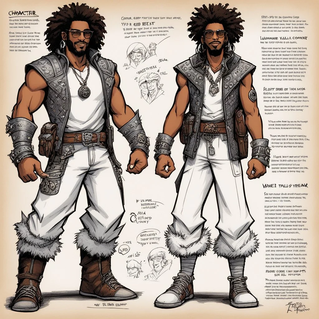 character concept sheet with AD&D statistics and characteristics, [illustration by Kevin Eastman and Peter Laird] when i walk on by, girls be looking like, "damn, he fly" i pimp to the beat, walking down the street in my new lafreak yeah, this is how i roll, animal print, pants outta control it's redfoo with the big afro and like bruce leroy, i got the glow, yeah