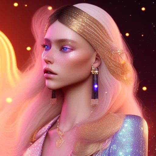 white woman long blond hair blue eyes glitter in a galactic ambiance, delicate colors in the foreground, full of details, smooth, light effect，vaporwave colorful, smooth, extremely sharp detail, finely tuned detail, ultra high definition, 8 k, unreal engine 5, ultra sharp focus